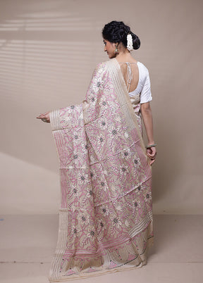 Cream Handloom Kantha Stitch Pure Silk Saree With Blouse Piece