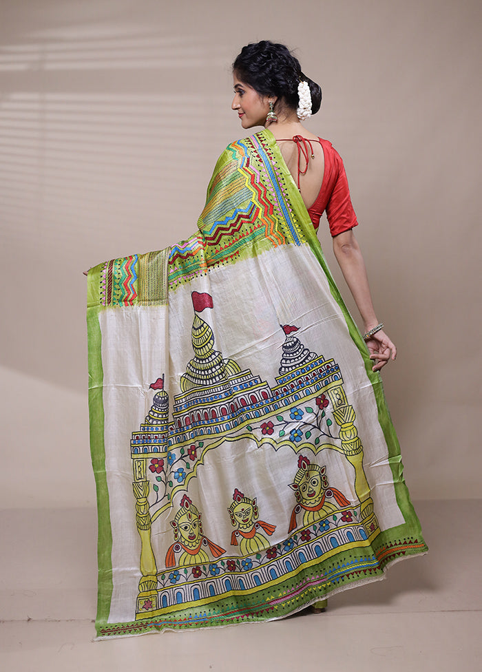 Green Handloom Kantha Stitch Pure Silk Saree With Blouse Piece