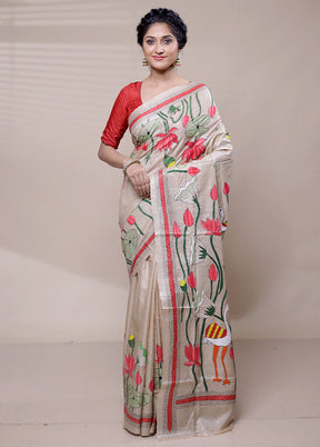 Cream Handloom Kantha Stitch Pure Silk Saree With Blouse Piece