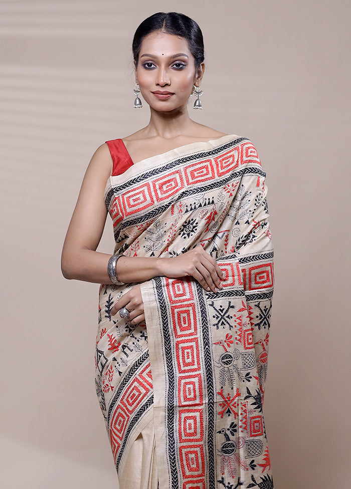 Cream Handloom Kantha Stitch Pure Silk Saree With Blouse Piece