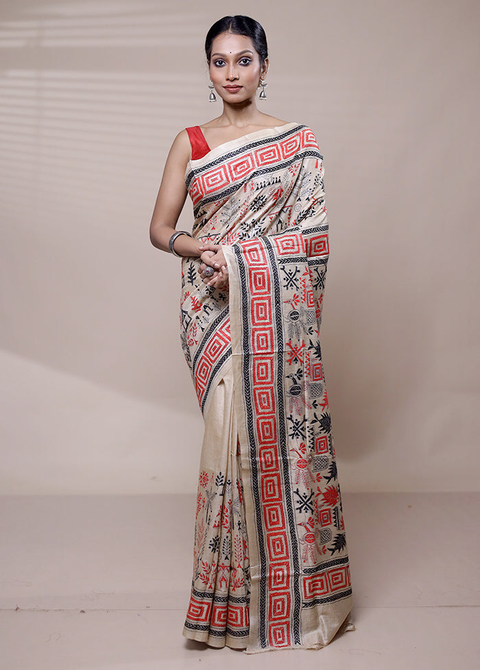 Cream Handloom Kantha Stitch Pure Silk Saree With Blouse Piece