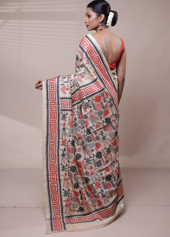 Cream Handloom Kantha Stitch Pure Silk Saree With Blouse Piece