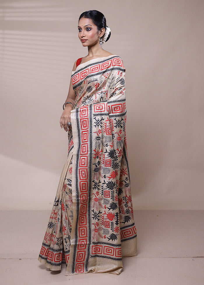 Cream Handloom Kantha Stitch Pure Silk Saree With Blouse Piece