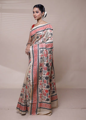 Cream Handloom Kantha Stitch Pure Silk Saree With Blouse Piece