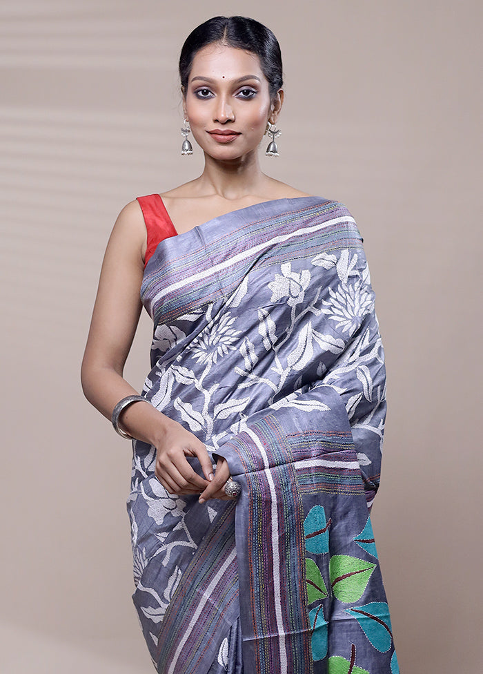 Grey Handloom Kantha Stitch Pure Silk Saree With Blouse Piece