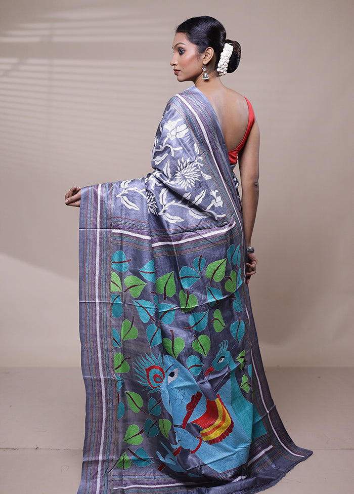 Grey Handloom Kantha Stitch Pure Silk Saree With Blouse Piece