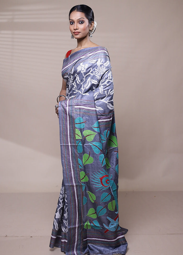 Grey Handloom Kantha Stitch Pure Silk Saree With Blouse Piece