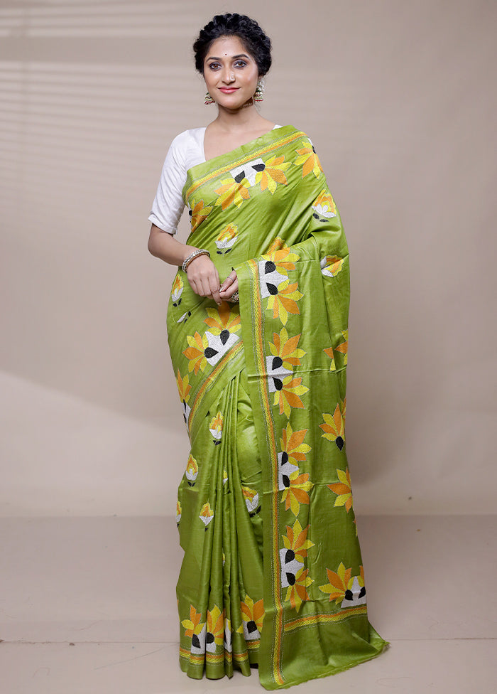 Green Handloom Kantha Stitch Pure Silk Saree With Blouse Piece