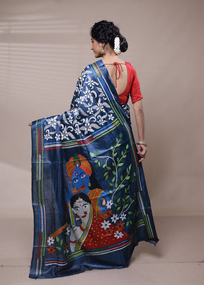 Blue Handloom Kantha Stitch Pure Silk Saree With Blouse Piece