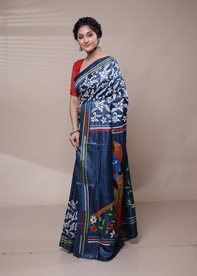 Blue Handloom Kantha Stitch Pure Silk Saree With Blouse Piece