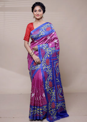 Pink Handloom Kantha Stitch Pure Silk Saree With Blouse Piece