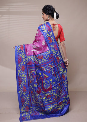 Pink Handloom Kantha Stitch Pure Silk Saree With Blouse Piece