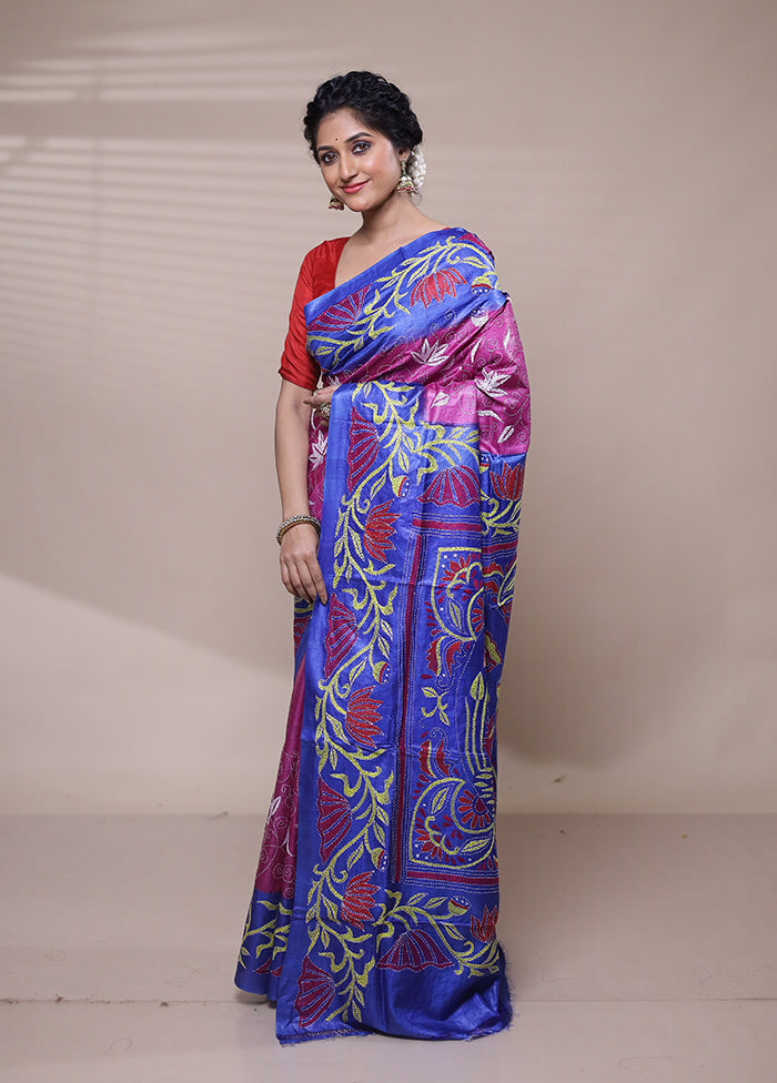 Pink Handloom Kantha Stitch Pure Silk Saree With Blouse Piece