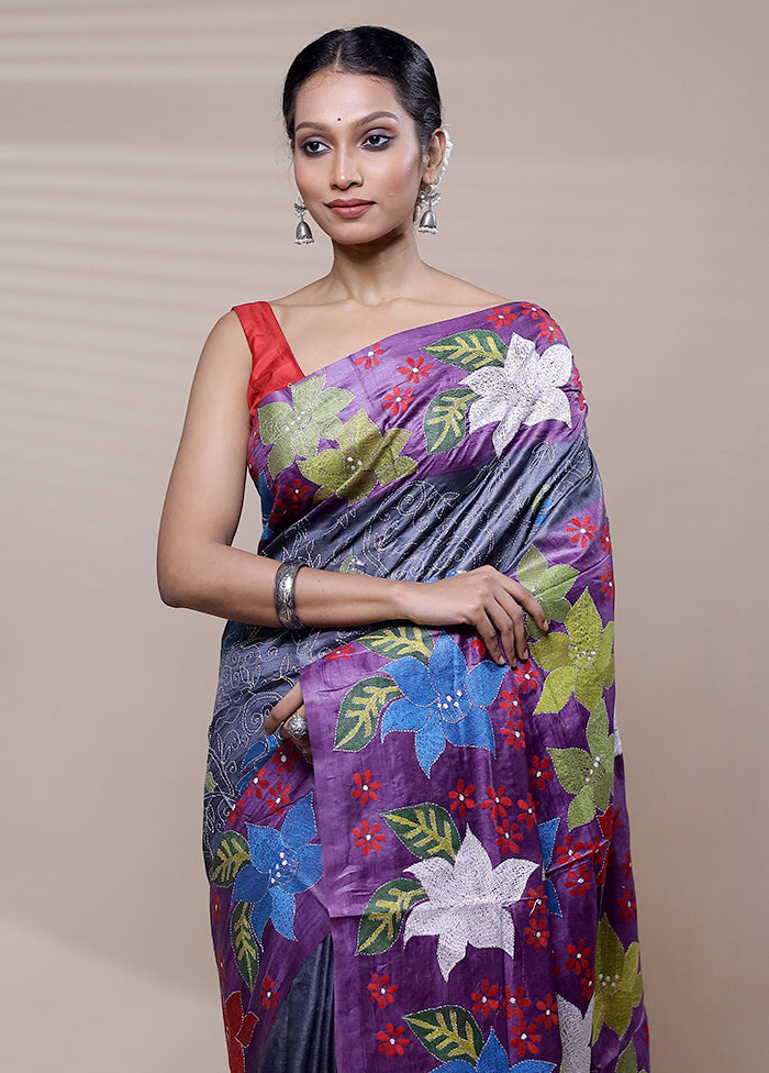 Grey Handloom Kantha Stitch Pure Silk Saree With Blouse Piece