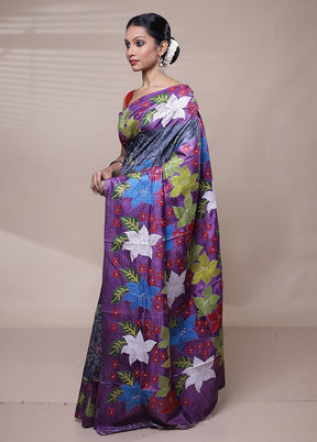 Grey Handloom Kantha Stitch Pure Silk Saree With Blouse Piece