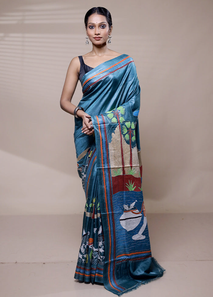 Blue Handloom Kantha Stitch Pure Silk Saree With Blouse Piece