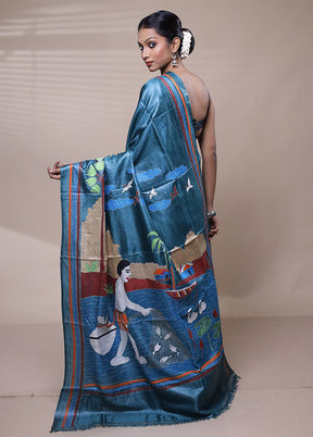 Blue Handloom Kantha Stitch Pure Silk Saree With Blouse Piece