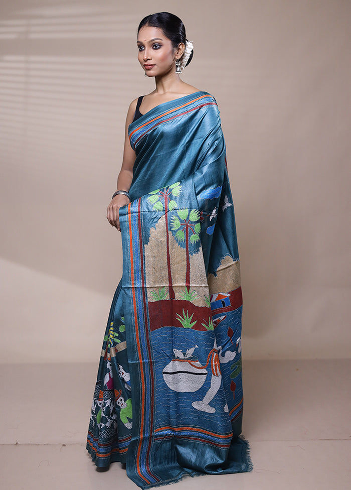 Blue Handloom Kantha Stitch Pure Silk Saree With Blouse Piece