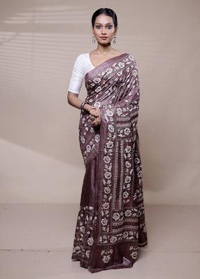 Brown Handloom Kantha Stitch Pure Silk Saree With Blouse Piece