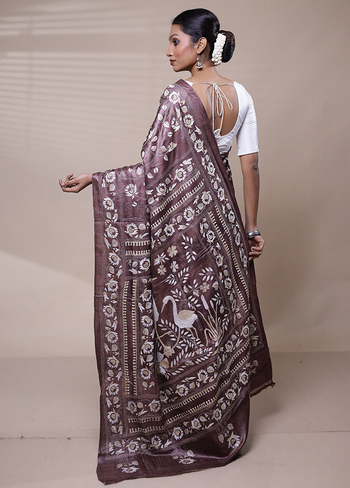 Brown Handloom Kantha Stitch Pure Silk Saree With Blouse Piece