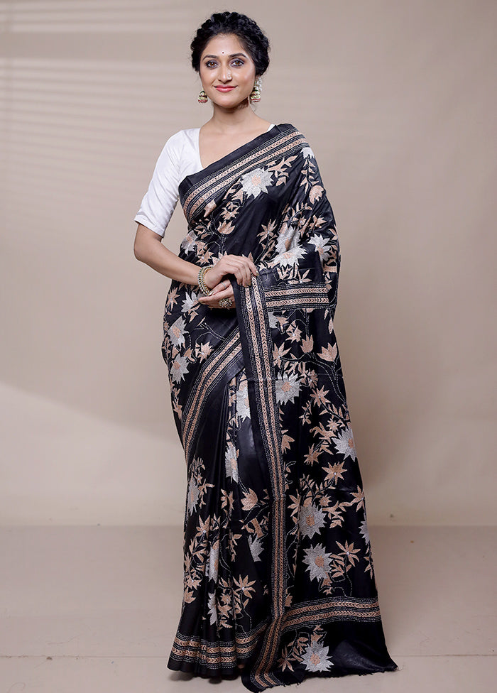 Black Handloom Kantha Stitch Pure Silk Saree With Blouse Piece