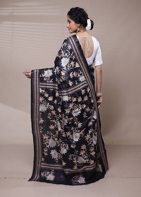 Black Handloom Kantha Stitch Pure Silk Saree With Blouse Piece