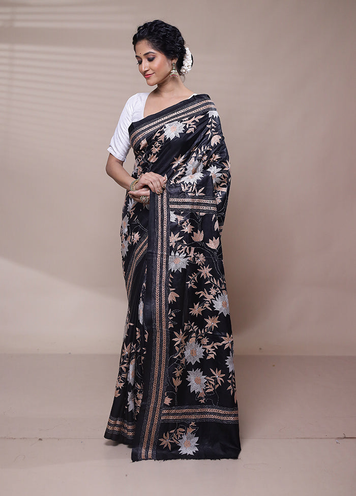 Black Handloom Kantha Stitch Pure Silk Saree With Blouse Piece