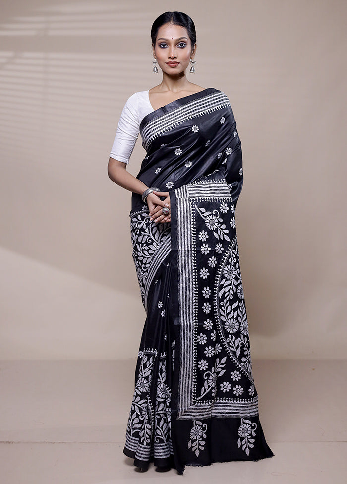 Black Handloom Kantha Stitch Pure Silk Saree With Blouse Piece