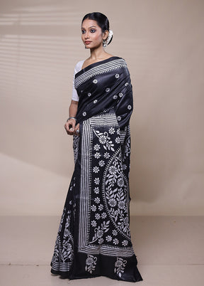 Black Handloom Kantha Stitch Pure Silk Saree With Blouse Piece