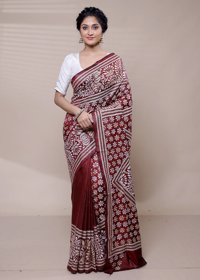 Maroon Handloom Kantha Stitch Pure Silk Saree With Blouse Piece