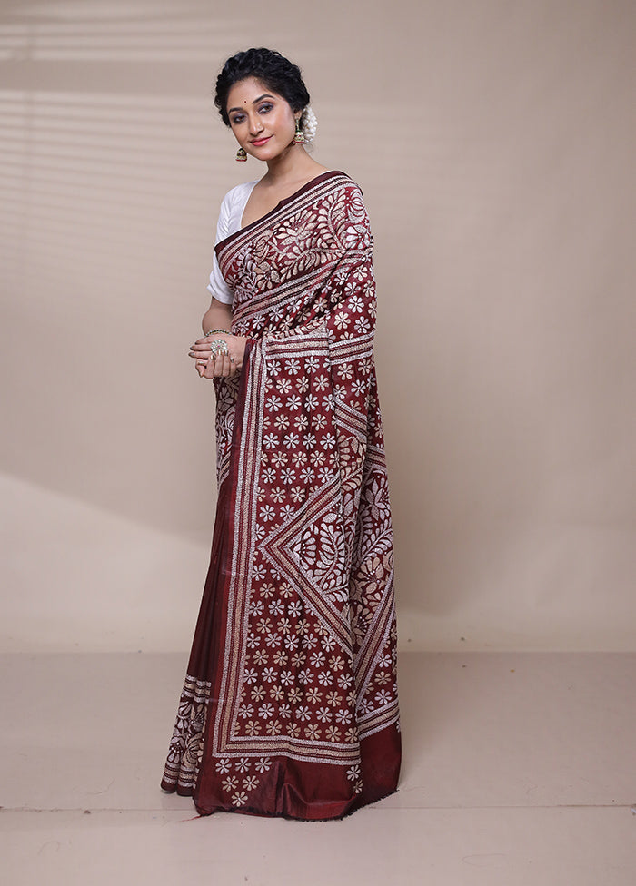 Maroon Handloom Kantha Stitch Pure Silk Saree With Blouse Piece