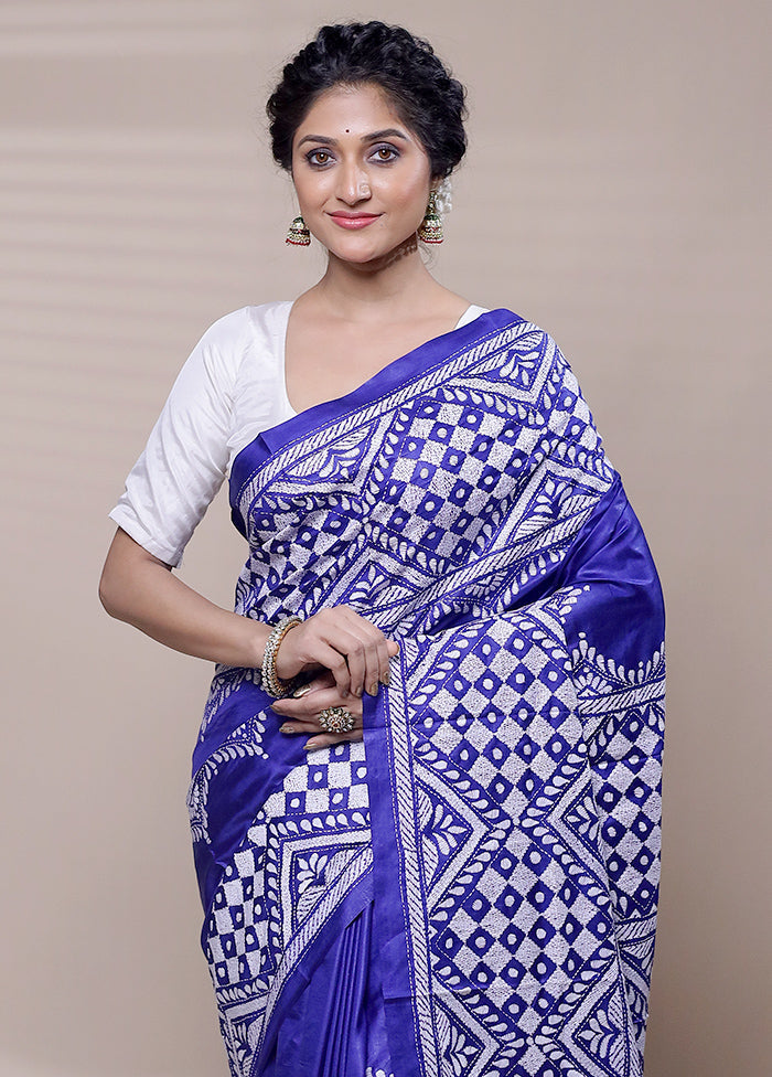 Blue Handloom Kantha Stitch Pure Silk Saree With Blouse Piece