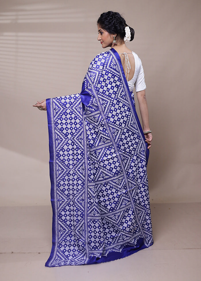 Blue Handloom Kantha Stitch Pure Silk Saree With Blouse Piece