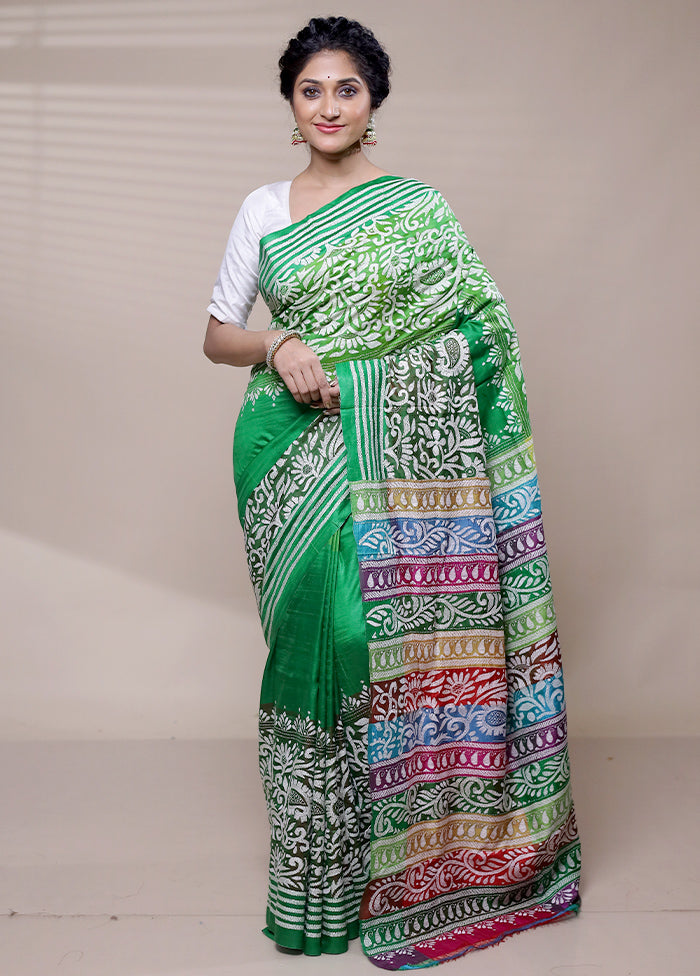 Green Handloom Kantha Stitch Pure Silk Saree With Blouse Piece