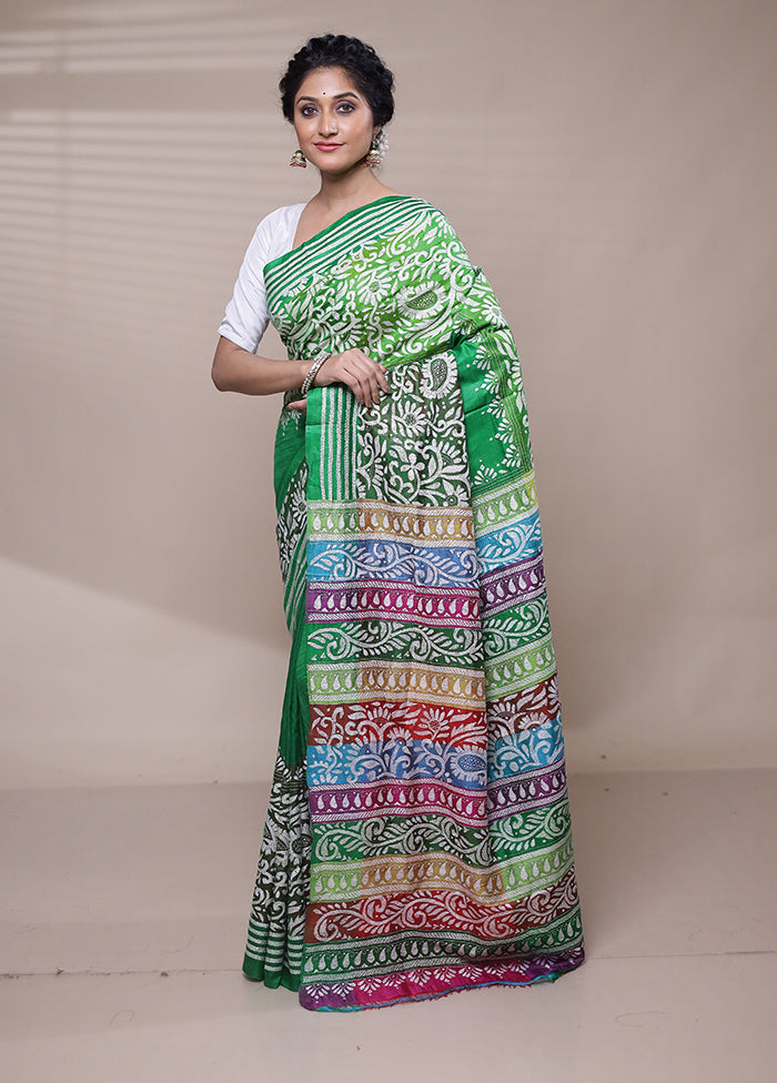 Green Handloom Kantha Stitch Pure Silk Saree With Blouse Piece