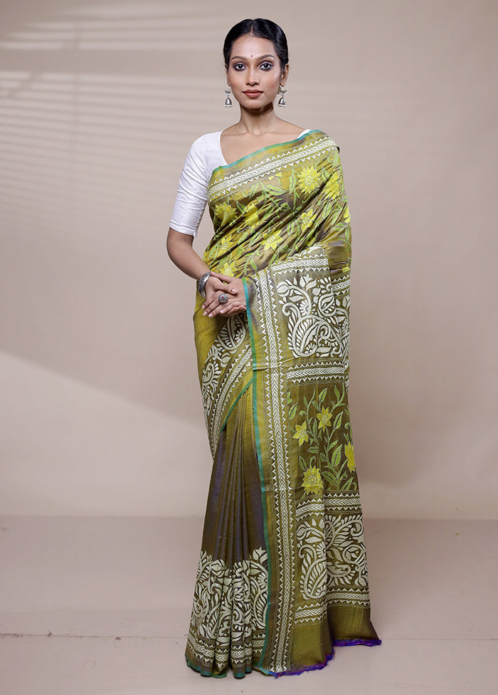 Green Handloom Kantha Stitch Pure Silk Saree With Blouse Piece