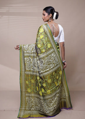 Green Handloom Kantha Stitch Pure Silk Saree With Blouse Piece