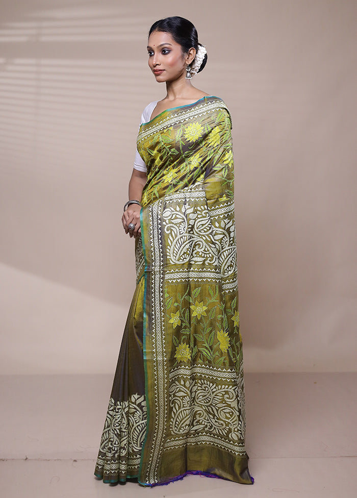 Green Handloom Kantha Stitch Pure Silk Saree With Blouse Piece