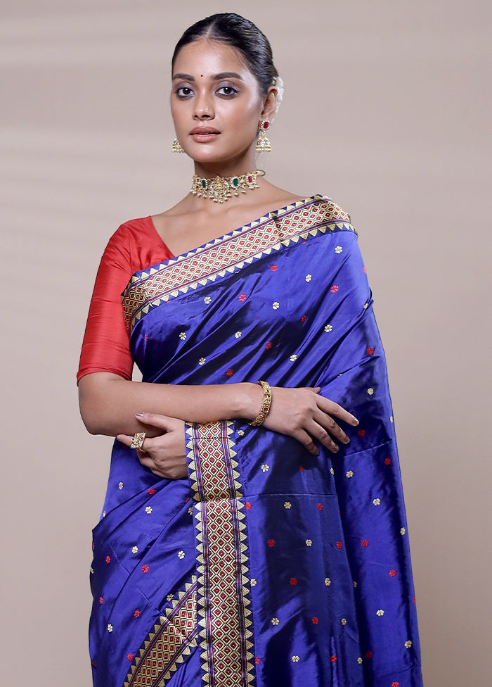 Blue Handloom Assam Pure Silk Saree With Blouse Piece