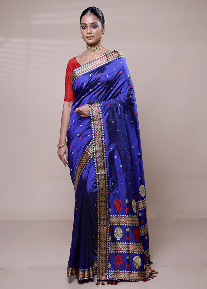 Blue Handloom Assam Pure Silk Saree With Blouse Piece