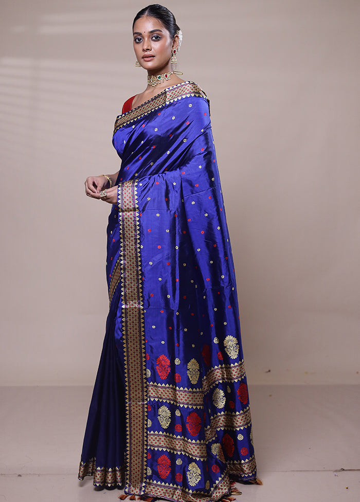 Blue Handloom Assam Pure Silk Saree With Blouse Piece