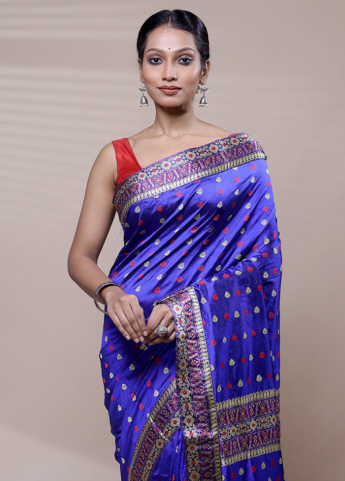 Blue Handloom Assam Pure Silk Saree With Blouse Piece