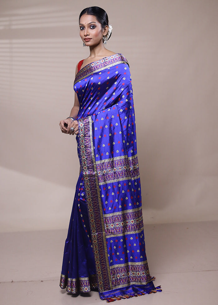 Blue Handloom Assam Pure Silk Saree With Blouse Piece