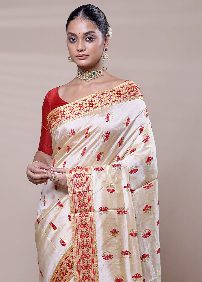 Cream Handloom Assam Pure Silk Saree With Blouse Piece