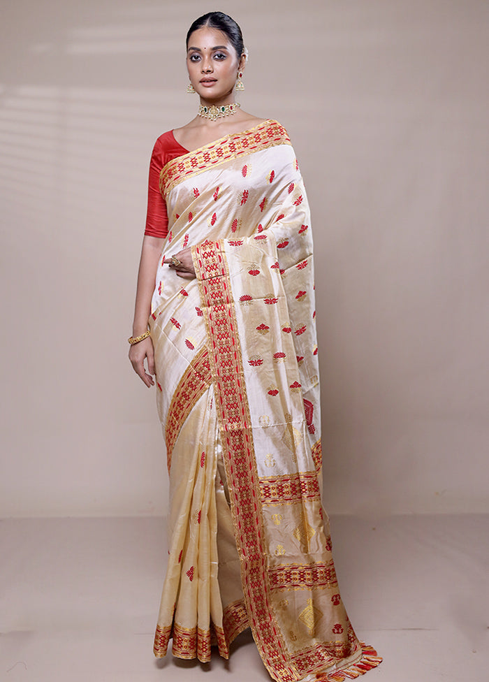 Cream Handloom Assam Pure Silk Saree With Blouse Piece