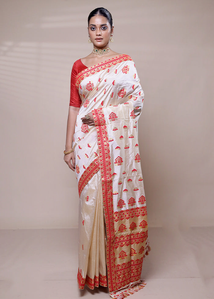 Cream Handloom Assam Pure Silk Saree With Blouse Piece