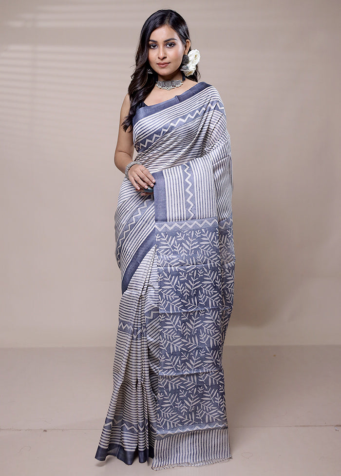 Grey Tussar Silk Saree With Blouse Piece