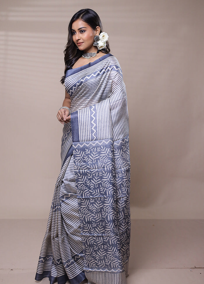 Grey Tussar Silk Saree With Blouse Piece