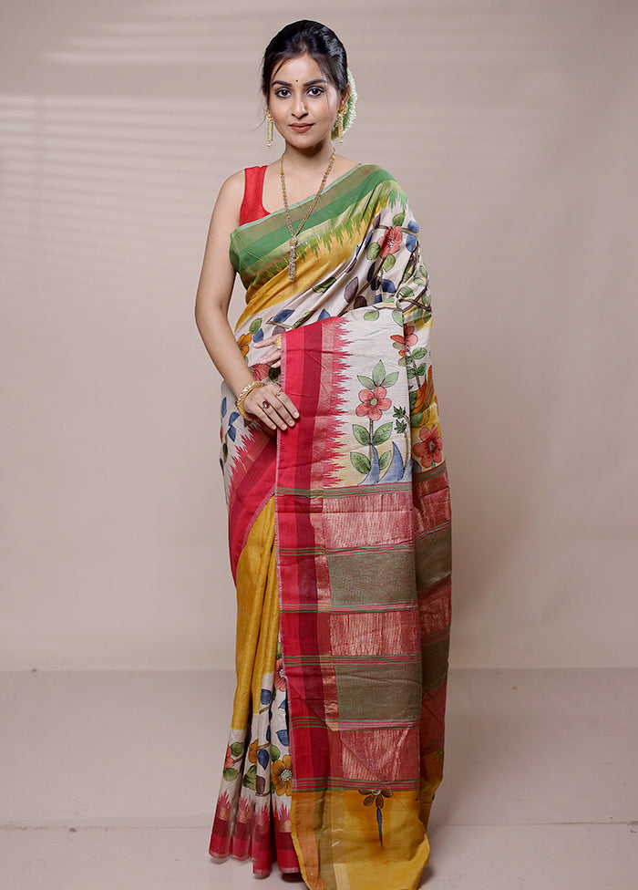 White Handloom Tussar Pure Silk Saree With Blouse Piece