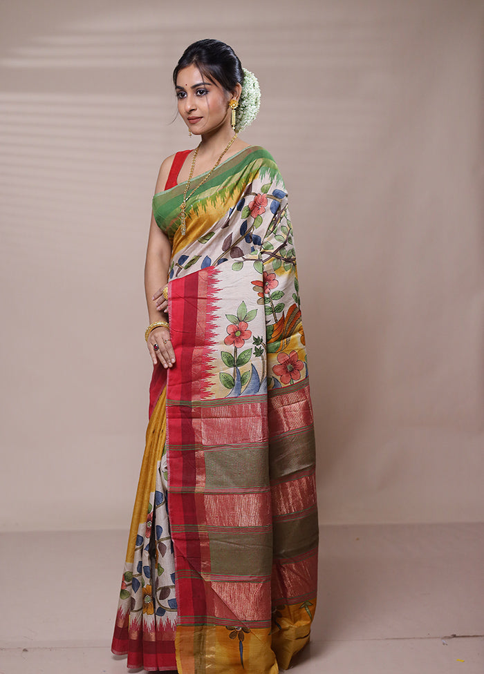 White Handloom Tussar Pure Silk Saree With Blouse Piece